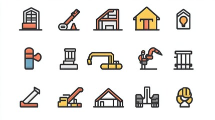 Set of construction industry icons featuring crane, workers, excavator, tools, and architectural elements