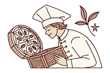 Joyful chef admires a beautifully decorated pizza presented in a wooden box with decorative leaves and a star