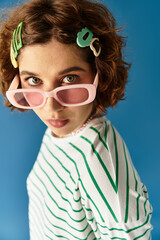 Vibrant summer fashion look with playful accessories on a blue background