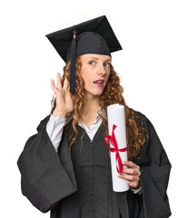 Graduate redhead with diploma trying to listening a gossip.