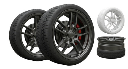 Obraz premium Isolated Wheel Set Shiny Black Tires Automotive Components