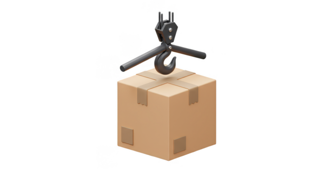 Isometric 3D Render Crane Hook Lifts Box Isolated Transparent Background