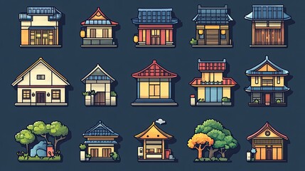 Set of House and Building Icons Representing Real Estate, Property Investment, and Architectural Design 