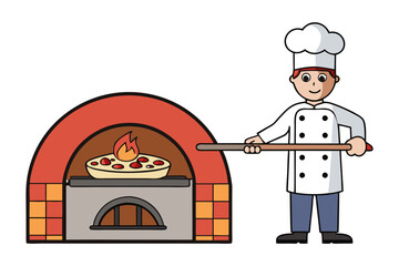 Smiling chef uses peel to place pizza into a fiery brick oven for baking deliciousness