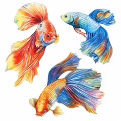 Fototapeta premium Colored fish painted with watercolors on a white background. Clip art, stickers.