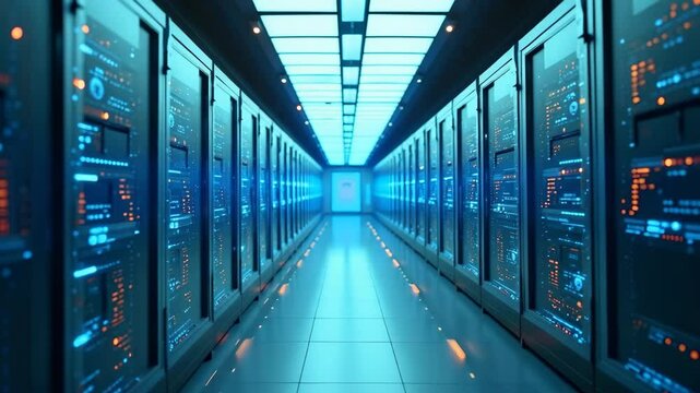 Walking Through Data Center Server Room With Glowing Lights - Powered by Adobe
