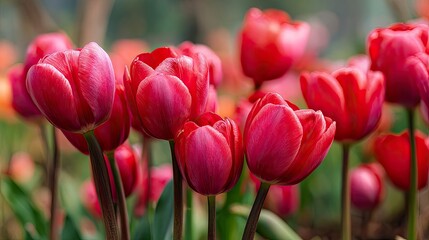 Fototapeta premium Closeup of vivid red tulips in a garden setting showcasing their smooth petals and dark stems