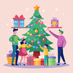 Obraz premium A family is decorating a Christmas tree with lights and ornaments. A man is holding a star on a string