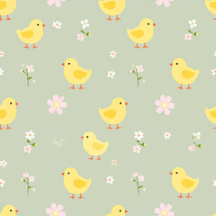 Cute Chicks and Flowers Pattern: An adorable seamless pattern featuring cute yellow chicks and delicate pink and white flowers on a soft sage green background.