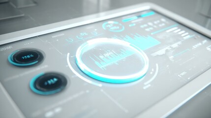 Photo of a closeup of a tablet screen displaying futuristic data and charts with a modern interface