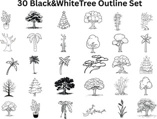 Collection of simple line art drawings of trees including a spooky tree and palm trees
