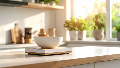 Kitchen Still Life: Sunlit interior presents a minimalistic kitchen scene, with a central bowl and the gentle cascade of morning light enhancing the ambiance. 