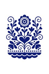 Navy blue symmetrical folk art floral ornament on white background