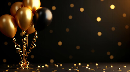 Golden balloons and confetti under a starry backdrop.