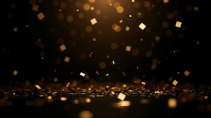 Golden confetti cascades against a dark backdrop.