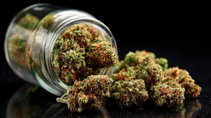 Glass jar spills marijuana buds onto glossy black surface showcasing detailed texture and colors