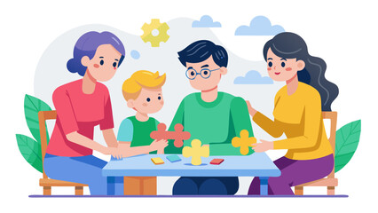 A family of four is sitting around a table playing with a puzzle. The man is wearing glasses and the woman is wearing a yellow shirt. The children are looking at the puzzle