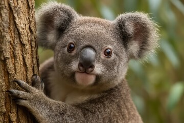 A young koala peeks out from its tree trunk, curiosity in its eyes