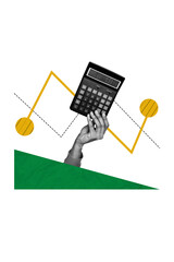 Vertical collage creative illustration black white filter human hand hold calculator accountant multiple salary colorful white background