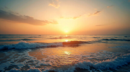 Obraz premium A wide view of the ocean with gentle waves at golden hour, sun setting on the horizon, warm colors in the sky