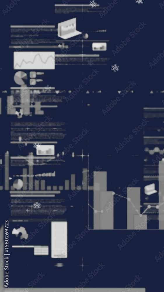 Poster animation of multiple graphs with data and trading board against black background