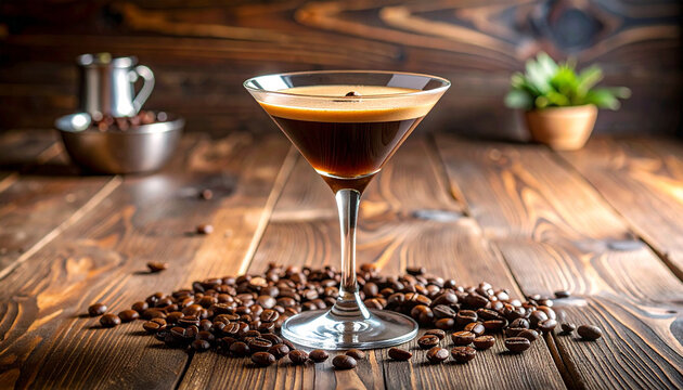 Espresso Martini on Wooden Table: A sophisticated espresso martini with its rich, dark coffee notes, the drink rests elegantly on a rustic wooden table, surrounded by scattered coffee beans