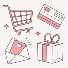 Cute pink shopping cart credit card gift and envelope icons for online shopping