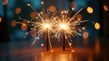 Two vibrant sparklers illuminate the dark, creating a mesmerizing display of light.