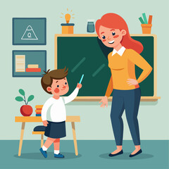 A man and a girl are in a classroom. The man is holding a book and the girl is holding a pencil