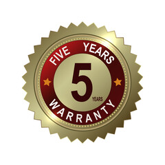 Round and rectangular emblems in gold color with the text five-year product warranty