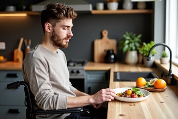 Fototapeta premium Portrait Photo of a Young Disabled Man in a Wheelchair Cooking a Gourmet Meal in a Modern Kitchen
