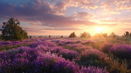 Obraz premium Lavender field at sunset trees on left sky glows with sunlight