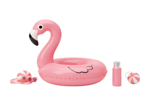 Illustration of Pink Flamingo Pool Float with Hat and Sunscreen Beach Day