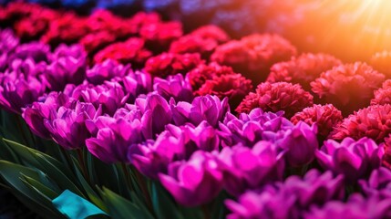 Colorful tulips and carnations in a vibrant floral market during spring