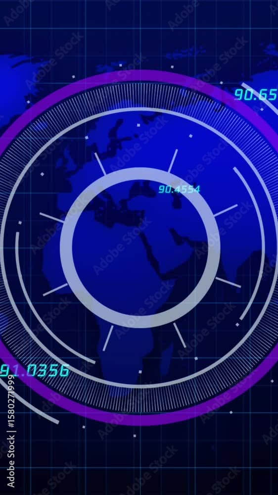 Poster animation of scope scanning and data processing over world map on black background