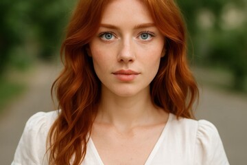 Fototapeta premium A young woman with fiery red hair stands in a tranquil park, her gaze meeting ours as if inviting us into her world