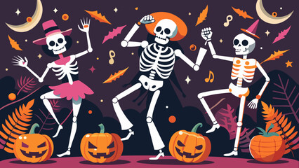 Dancing skeletons in hats with pumpkins and bats celebrate halloween night with festive music notes