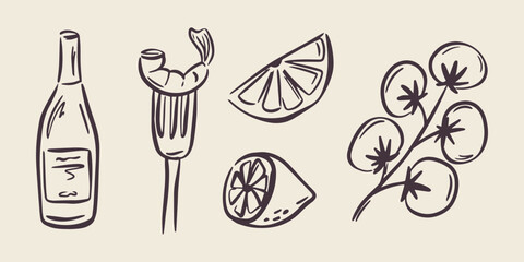 Whimsical hand drawn sea food illustrations in trendy whimsical style. Perfect doodle for quirky italian wedding holiday, poster, dinner and bar menu, bachelorette party, birthday invitation, sign