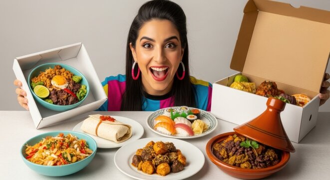 Excited woman surrounded by various international food dishes and takeaway boxes, celebrating diverse cuisine and meal delivery options.