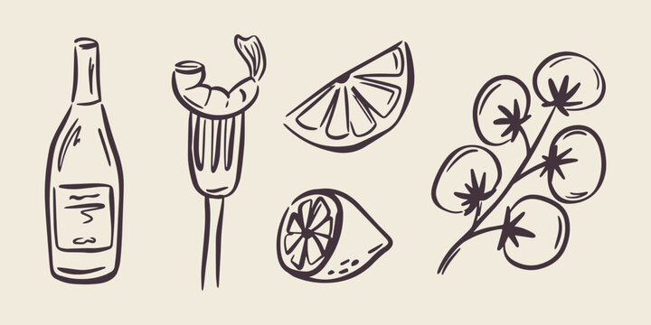 Whimsical hand drawn sea food illustrations in trendy whimsical style. Perfect doodle for quirky italian wedding holiday, poster, dinner and bar menu, bachelorette party, birthday invitation, sign - Powered by Adobe