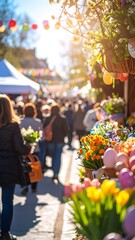 Outdoor market bustling with people, vibrant spring flowers, and festive decorations