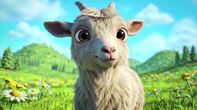 Animated Adorable Baby Goat with Amber Eyes in Green Meadow Under a Sunny Sky