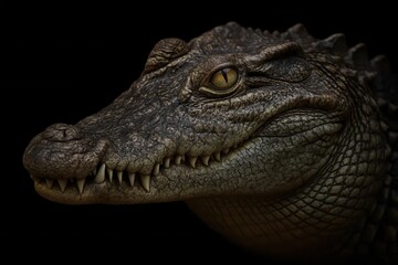 Obraz premium A close-up of a crocodile's head, showcasing its powerful jaw and intense gaze, set against a stark black background