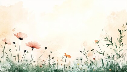 Fototapeta premium Beige Toned Watercolor Painting of a Subtle Minimalist Meadow at Dawn, Nature Art in Soft Pastels