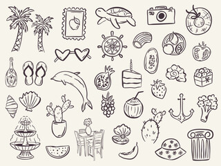 Whimsical hand drawn summer illustrations in trendy hand drawn style. Perfect doodle for quirky italian greece wedding  poster, dinner and bar menu, bachelorette party, birthday invitation, sign