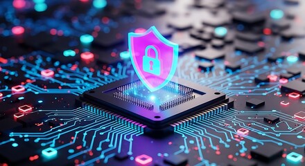 Digital security concept represented by shield and circuit board