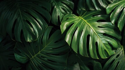 Lush dark green monstera leaves fill the frame with distinctive split leaf patterns and glossy texture