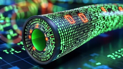 Futuristic data stream cylinder, glowing green binary code on dark surface, showcasing digital flow and information transfer - Powered by Adobe