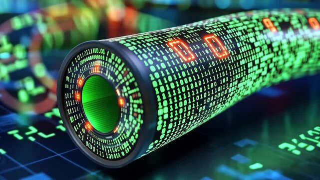 Futuristic data stream cylinder, glowing green binary code on dark surface, showcasing digital flow and information transfer
