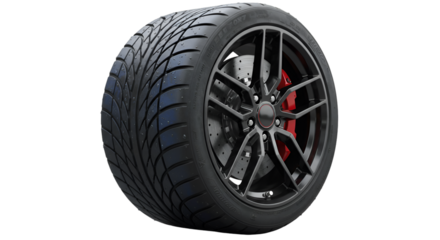 Realistic Car Tire with Black Rim Red Caliper Isolated on Transparent